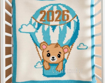 Nascido em 2026 - Padrão de Crochê de Ursinho de Pelúcia em Ponto Baixo - Fio de espessura Aran - Tamanho 75 cm x 80 cm - Gráfico de crochê intársia para tapeçaria