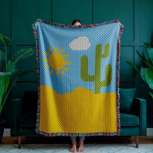 Couverture cactus dans le désert, motif crocheté C2C - Soleil coloré du sud-ouest de l'Afghanistan - Jeté Graphghan d'un coin à l'autre - Jeté en pixels