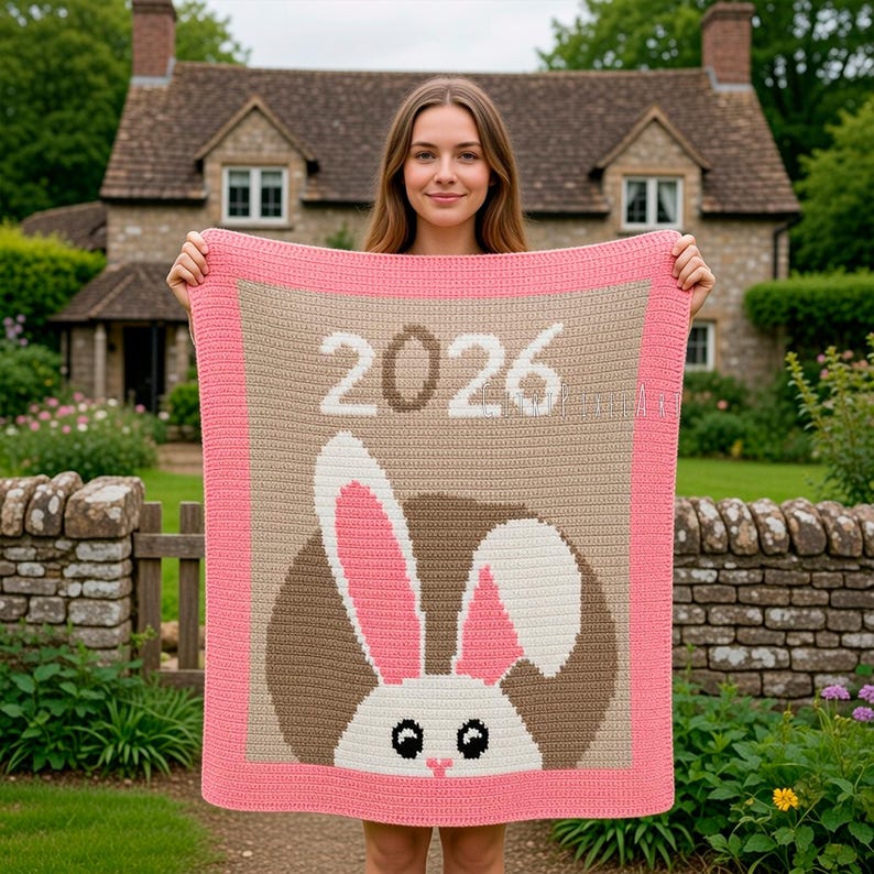 Geboren in 2026 - Konijnenbabydekentje (SC) Haakpatroon PDF – formaat 70 × 80 cm afbeelding 2