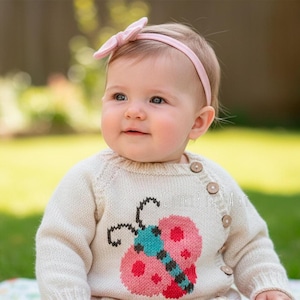 Cute Baby Knit kids sweater - Knitting Pattern, duplicate stitch color work - Easy Beginner Top-Down Raglan Childs Button Cardigan