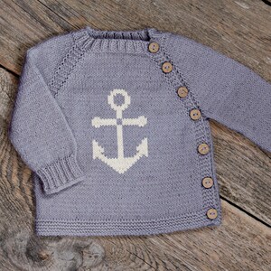 Anchor Knit kids sweater PDF Knitting Pattern, duplicate stitch color work Easy Beginner Top-Down Raglan Childs Button Cardigan