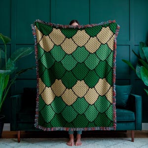 Könnte beinhalten: Eine grün und beige gemusterte Wurkdecke mit einem Rautenmuster. Die Decke hat einen Fransenrand mit roten, blauen und weißen Akzenten. Die Decke wird vor einer dunkelgrünen Wand und einem grünen Sofa präsentiert.