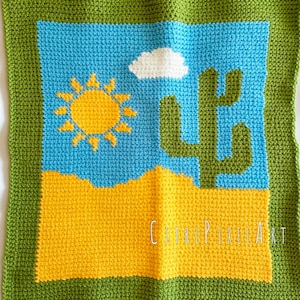 Cactus SC Crochet Pattern - Aran weight yarn - Size 29" x 33" / 70 cm x 80 cm - Tapestry crochet Graphgan, Intarsia colorwork