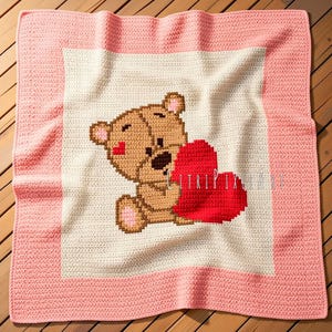 Teddy Bear SC Crochet Pattern - Aran weight yarn - Size 29" x 33" / 70 cm x 80 cm - Tapestry crochet Graphgan, Intarsia colorwork