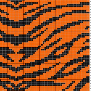 May include: A digital pattern of a tiger stripe design in black and orange. The pattern is made up of small squares.