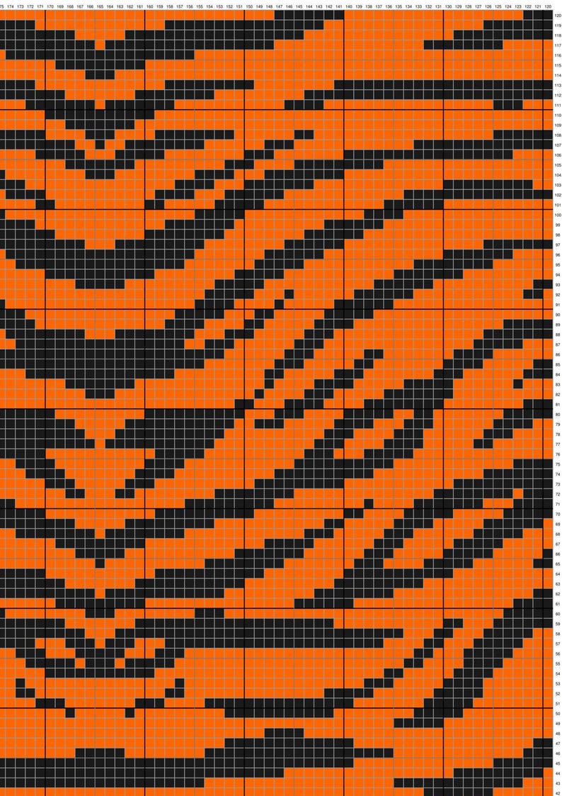 May include: A digital pattern of a tiger stripe design in black and orange. The pattern is made up of small squares.