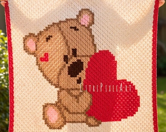 70 x 70 squares Teddy Bear Toddler Blanket C2C crochet pattern, PDF digital diagram Graphgan chart kids throw corner to corner Afghan