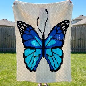75 x 110 squares - Blue Butterfly blanket - C2C crochet pattern - Corner to Corner graph and row by row tutorials - digital download PDF