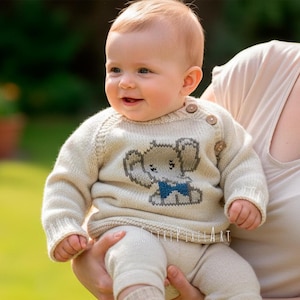 Easy Knit kids sweater - PDF Knitting Pattern, 5 sizes, duplicate stitch color work - Easy Beginner Top-Down Raglan Childs Button Cardigan