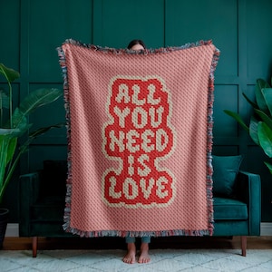Patrón de manta de crochet "All You Need is Love" de 80 x 100 cuadrados (C2C) - Manta de esquina a esquina (PDF) - Regalo para San Valentín, boda o aniversario