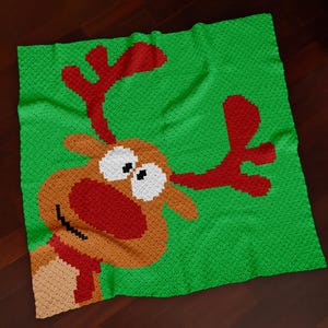 Può includere: Una coperta verde all'uncinetto con un design a renna. La renna ha una faccia marrone, corna e naso rossi e una sciarpa rossa. Gli occhi sono bianchi con pupille nere. La coperta è quadrata.