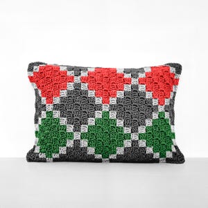 May include: A rectangular pillow with a geometric pattern in shades of red, green, gray, and white. The pillow is made of crocheted fabric.