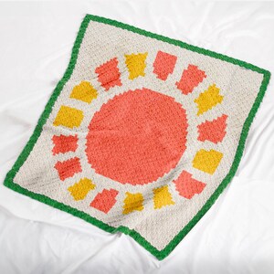 Patrón de manta de crochet Sun C2C - Cuadrados de 66 x 66 - Manta para bebé recién nacido - Amarillo coral verde - Gráfico de intarsia en PDF - Descarga instantánea