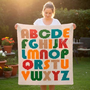 Alphabet Babydecke - einfach SC Häkelanleitung - Aranwollgarn - Größe 75 cm x 80 cm - Gobelin Intarsien gehäkelt Graphgan