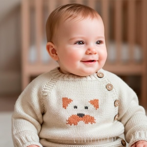 Pull en tricot pour enfants, modèle de tricot PDF, 5 tailles, broderie de points en double Fox Terrier, cardigan à boutons raglan de haut en bas facile pour débutant