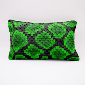 May include: A green and black crocheted pillow with a geometric pattern.