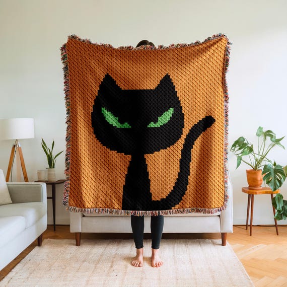 Halloween Black Cat Blanket C2C Crochet Pattern PDF – Cat with green eyes Pixel Square Throw Pumpkin Graphghan chart Corner to corner graph