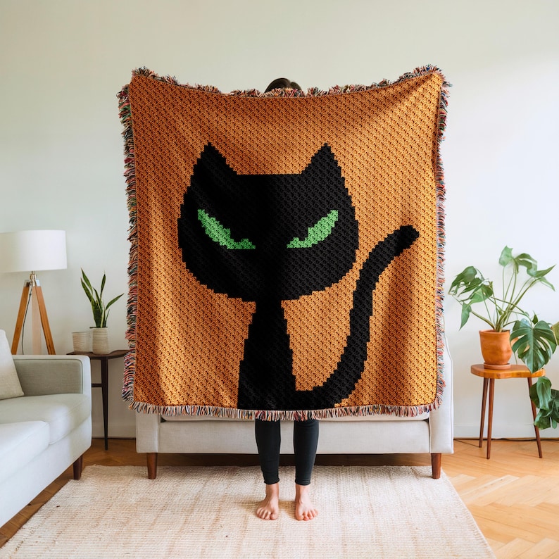 Halloween Svart Katt Filt C2C Virkmönster PDF – Katt med gröna ögon Pixel Square Filt Pumpa Grafdiagram Hörn till hörn-diagram bild 1
