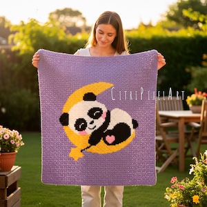 Panda Bear Sleeping on Moon - SC Crochet Pattern - Aran weight yarn - Size 30" x 33" / 75 cm x 80 cm - Tapestry intarsia crochet Graphgan