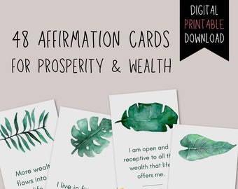 Printable Affirmation Cards for Money and Abundance, Prosperity, Wealth, Watercolour Tropical Leaves - Digital Affirmation Cards to Download