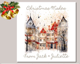 Personalised Christmas Card | Pack of 6 Cards | Christmas Village w Christmas Lights | Watercolour Card | Holiday Card | Festive Card