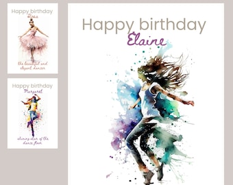 Personalised happy birthday card for the dancer female in your life, ballet and dancer woman gift, Watercolour Card, Handmade by a UK Seller