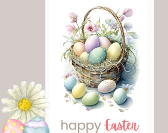 Personalised Easter Card, Watercolour Flowers and Easter Basket with Easter Eggs, Handmade & Personalised card, Easter Gift