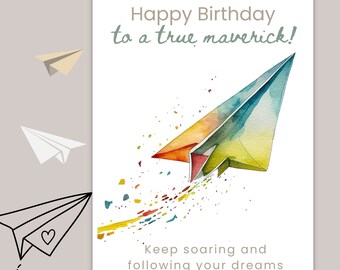 Personalised Paper Plane Happy Birthday Card, Watercolour Cart, Handmade, Encouragement Card, travelling card, good luck card