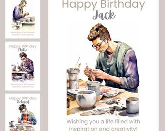 Personalised, ceramic artist birthday card for the creative man in your life, Watercolour Card, Handmade by a UK Seller, Artist Gift