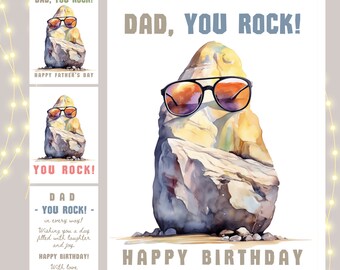 Personalised "Dad, You Rock!" Father's Day Card, Funny Birthday Card for Dad, Watercolour Card, Handmade from a UK Seller for the Best Dad