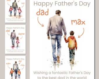 Personalised  Happy Father's Day card from son and daughter, watercolour card, handmade by a UK seller, perfect gift for dad