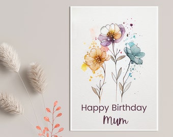 Personalised Mum Birthday Card, Happy Birthday Cards, Gift Cards, Watercolour Floral Cards, Custom Cards