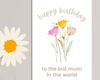 Mum Birthday Card, Personalised Happy Birthday Cards, Gift Cards, Watercolour Floral Cards, Custom Cards