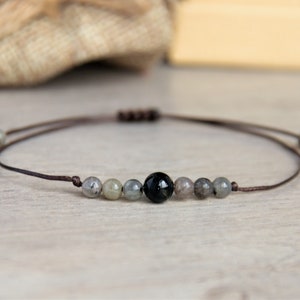 Black Tourmaline and Labradorite Bracelet, Protection Self-Discovery, Minimalist, Waterproof Powerful Jewelry, Boho Chic Style image 1