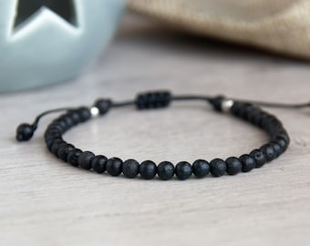 Lava Stone 4 mm Bracelet for Women and Men, Minimalist Black Accessory, Adjustable Boho chic Jewelry, Beach Summer Bracelet