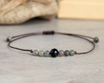 Black Tourmaline and Labradorite Bracelet, Protection - Self-Discovery, Minimalist, Waterproof Powerful Jewelry, Boho Chic Style