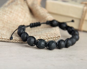 Lava Stone Bracelet for Men and Women, 8 mm Beads, Macrame, Boho Chick, Waterproof Adjustable Strong Black bracelet