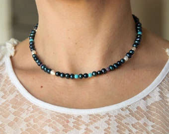 Black Pearls, Gemstones and Crystals Choker Necklace, Stainless Steel Clasp, Summer Beach Accessory, 16'' (40 cm) Size