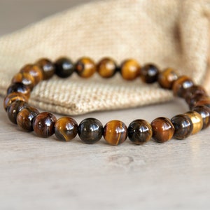 Tiger Eye Bracelet for Men and Women, Elastic Accessory, 8 mm Genuine Beads, Grounding - Protection - Willpower, Stainless Steel Spacer Bead