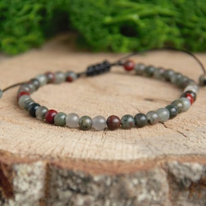 Bloodstone Heliotrope Bracelet for Women and Men, 4 mm Beads, Adjustable, Waterproof, Courage - Vitality - Energizing, Boho Chic Minimalist