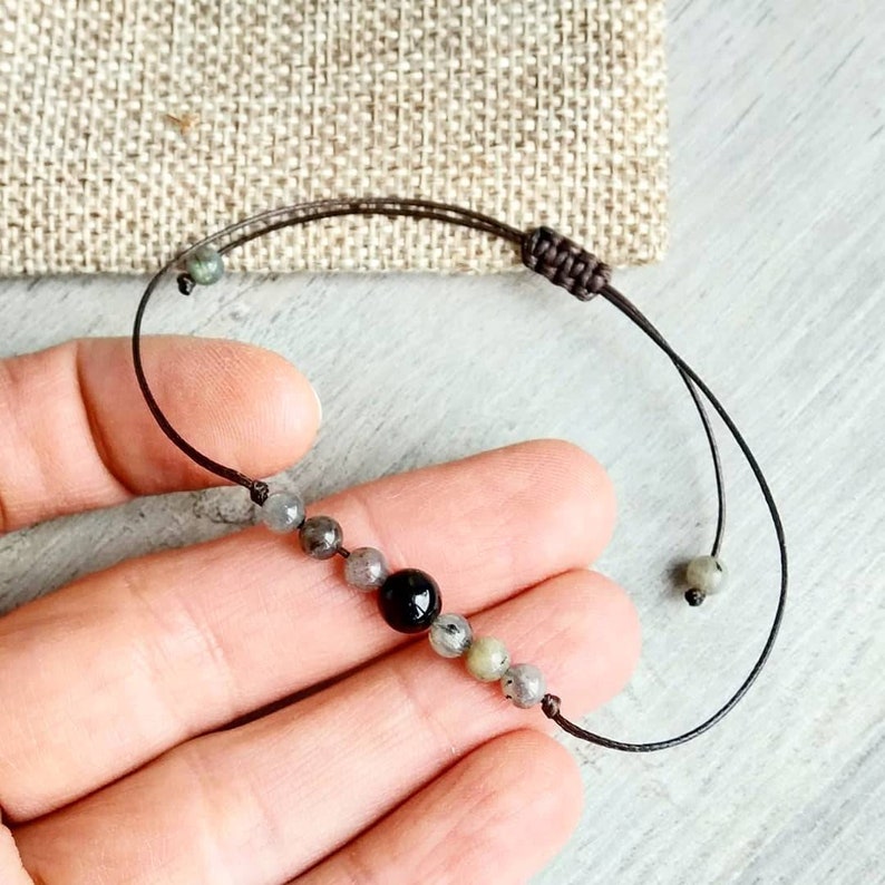 Black Tourmaline and Labradorite Bracelet, Protection - Self-Discovery, Minimalist, Waterproof, Powerful Jewelry, Handmade to order image 4