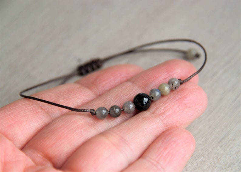 Black Tourmaline and Labradorite Bracelet, Protection Self-Discovery, Minimalist, Waterproof Powerful Jewelry, Boho Chic Style image 5