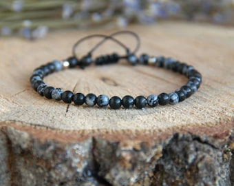 Snowflake Obsidian Bracelet - Minimalist Jewelry, Boho Chic Style, Stainless Steel