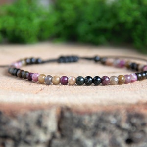 Multicolor Tourmaline Bracelet for Women and Men, 3 mm Beaded Jewelry, Protection - Gratitude, Minimalist Boho, Gemstone Macramé Jewelry