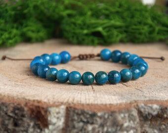 Apatite Bracelet, Adjustable, Waterproof, Blue Accessory, 7 mm Beads, Boho Chic Summer Beach Jewelry