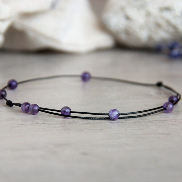 Bracelet de cheville minimaliste en améthyste, perles de 4 mm. Bracelet de Cheville Imperméable et Ajustable Violet et Noir