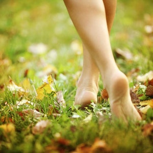 Puede incluir: Pies descalzos caminando por un sendero cubierto de hierba con hojas de oto&ntilde;o ca&iacute;das. Las hojas son principalmente marrones y amarillas, con algo de hierba verde visible.
