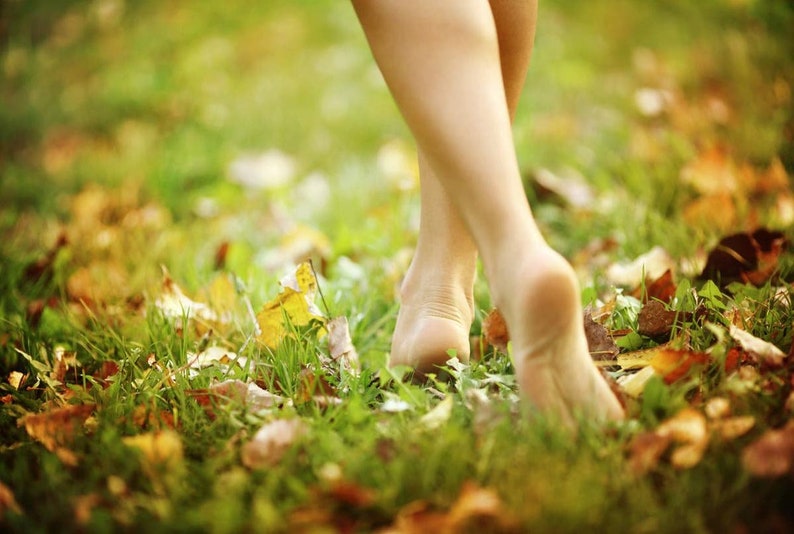 Puede incluir: Pies descalzos caminando por un sendero cubierto de hierba con hojas de oto&ntilde;o ca&iacute;das. Las hojas son principalmente marrones y amarillas, con algo de hierba verde visible.