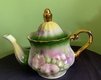 Vintage Stout Green and White Teapot with Pink and Purple Roses - Big Lot Find