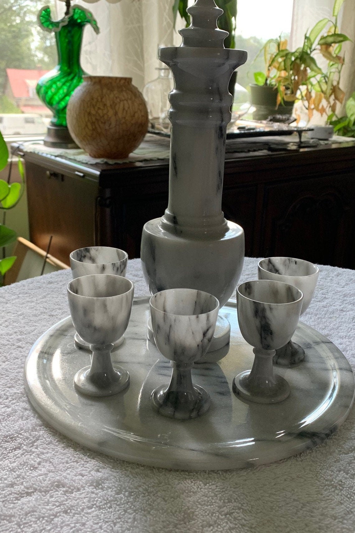 Vintage White Marble Sake Set With Tray and 5 Pedestal Cups Etsy
